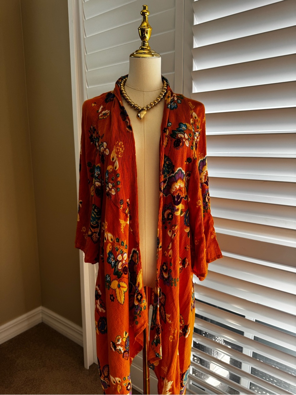 Patrons of Peace Orange Floral Open-Front Duster